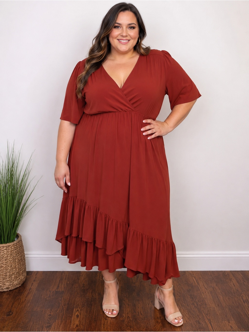 Standards & Practices 1x Rust Brownie Faux Wrap Ruffle Midi Dress Plus Size Nwt